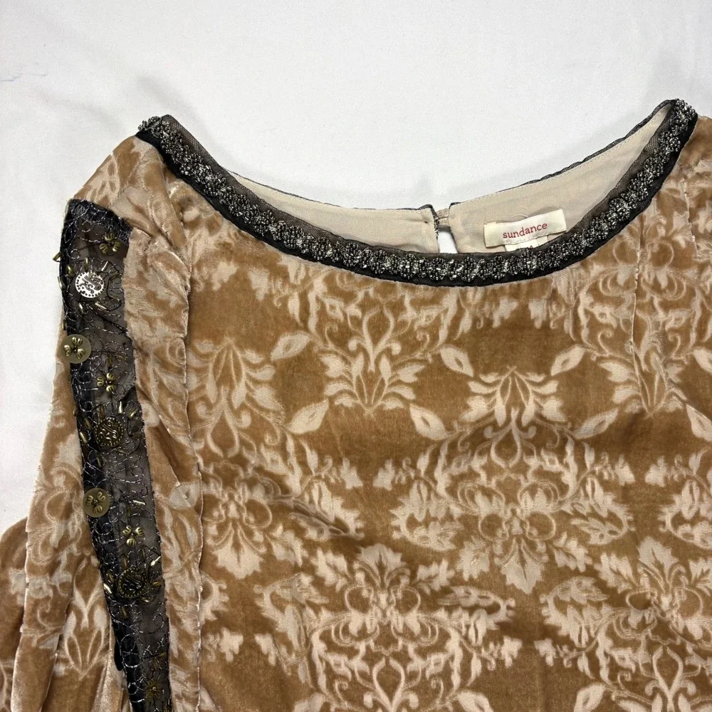 Sundance Champagne Dreams Velvet Burnout Damask Shift Dress Beaded 14 Silk Event